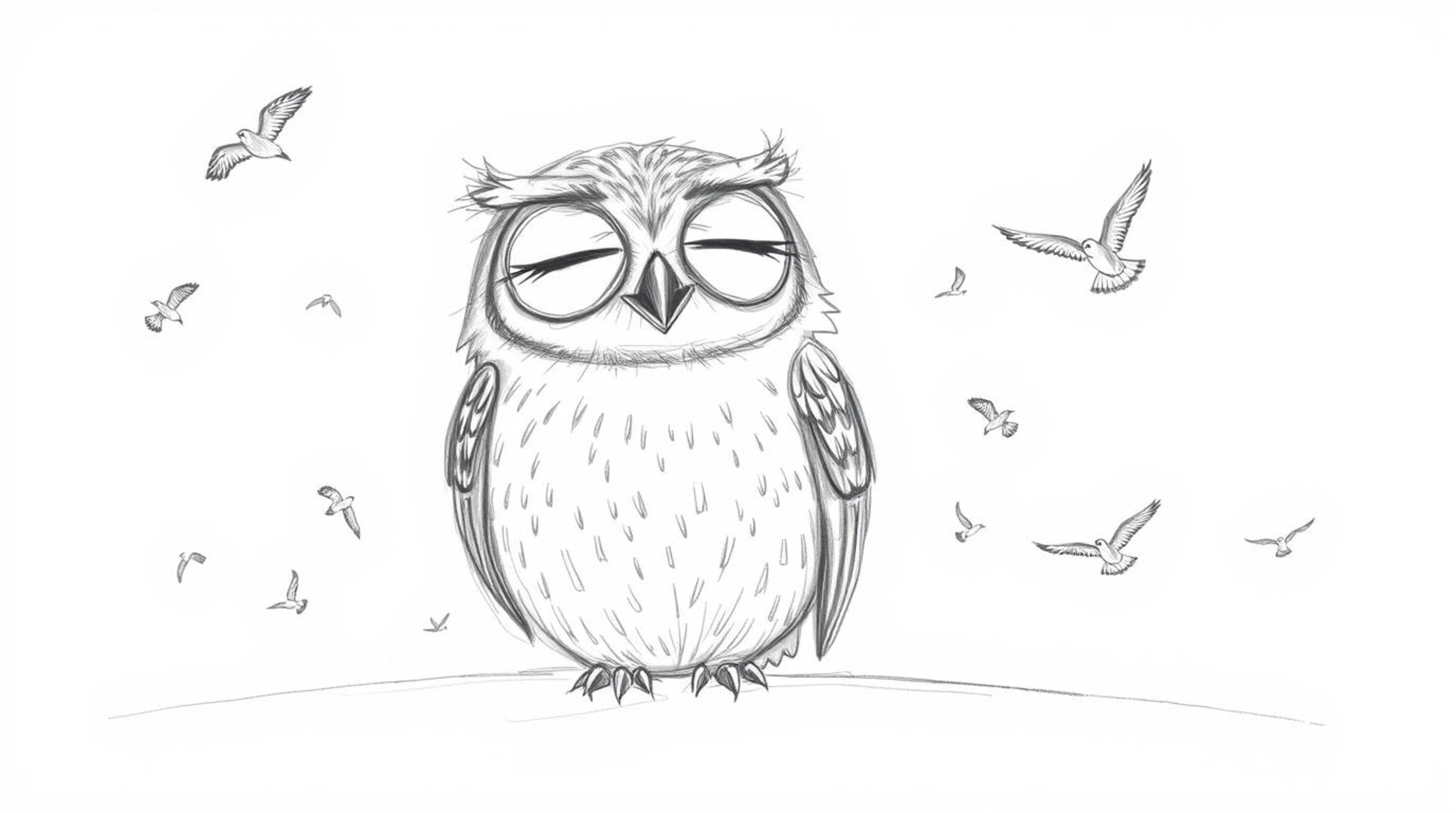 A heartwarming hand-drawn sketch in the style of Pixar depicts a large, blind owl with peaceful, closed eyes. Surrounded by s