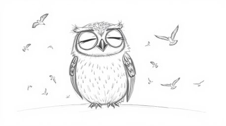 A heartwarming hand-drawn sketch in the style of Pixar depicts a large, blind owl with peaceful, closed eyes. Surrounded by s