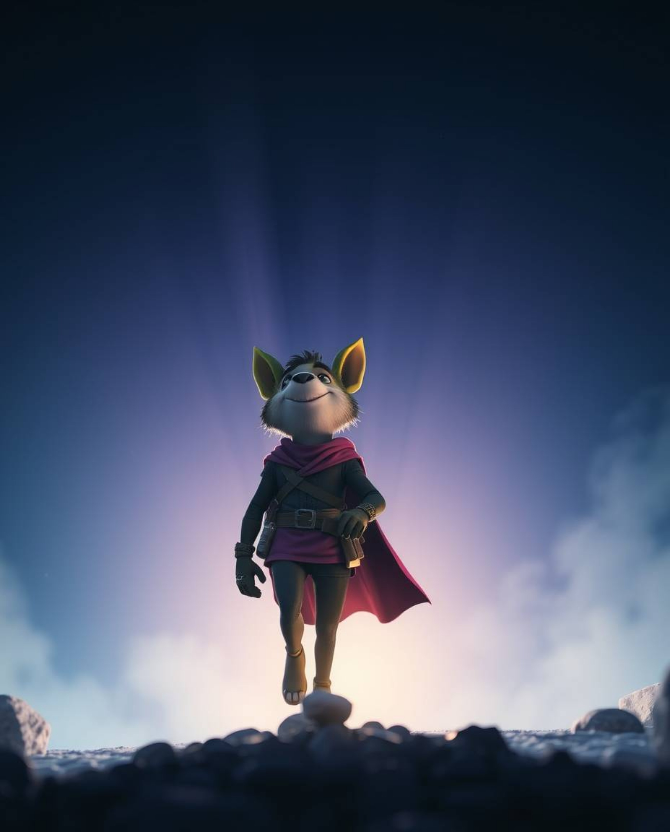 An awe-inspiring low-angle photograph captures a talking animal sidekick assisting a hero on their epic quest. The scene is b