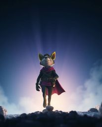 An awe-inspiring low-angle photograph captures a talking animal sidekick assisting a hero on their epic quest. The scene is b