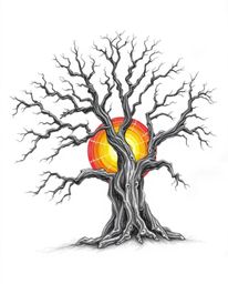 A hand-drawn sketch of a sunset behind an old oak tree with twisted branches, featuring bright vibrant colors, rough lines, a