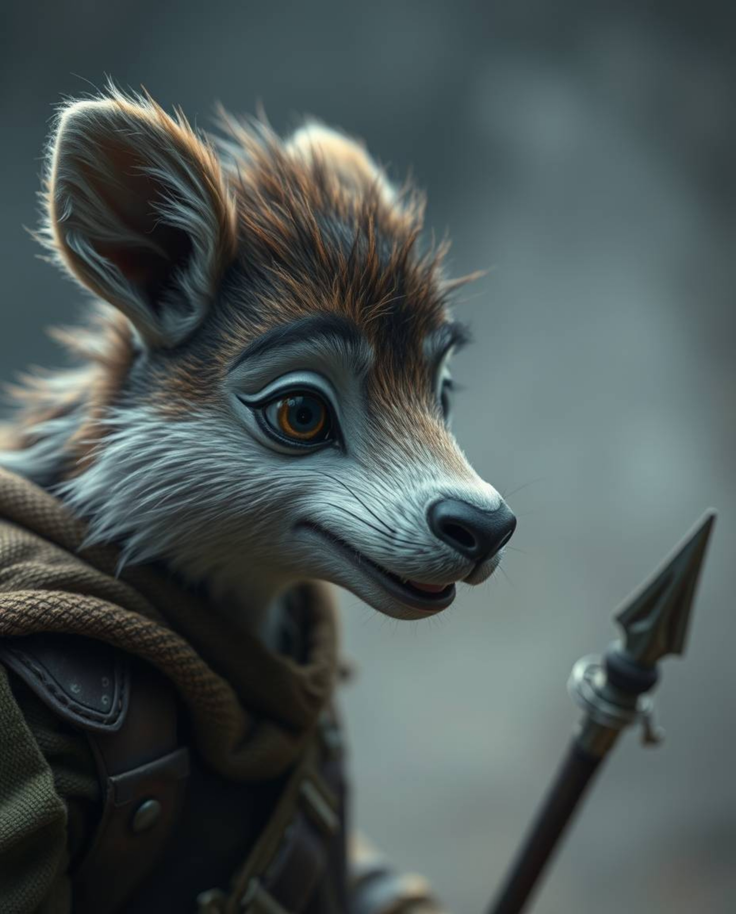 Discover stunning extreme macro photography of a talking animal sidekick assisting a hero on their epic journey.  The image f