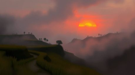 Explore a dynamic digital sketch depicting a misty, atmospheric sunset over rice terraces. This unfinished concept art style 