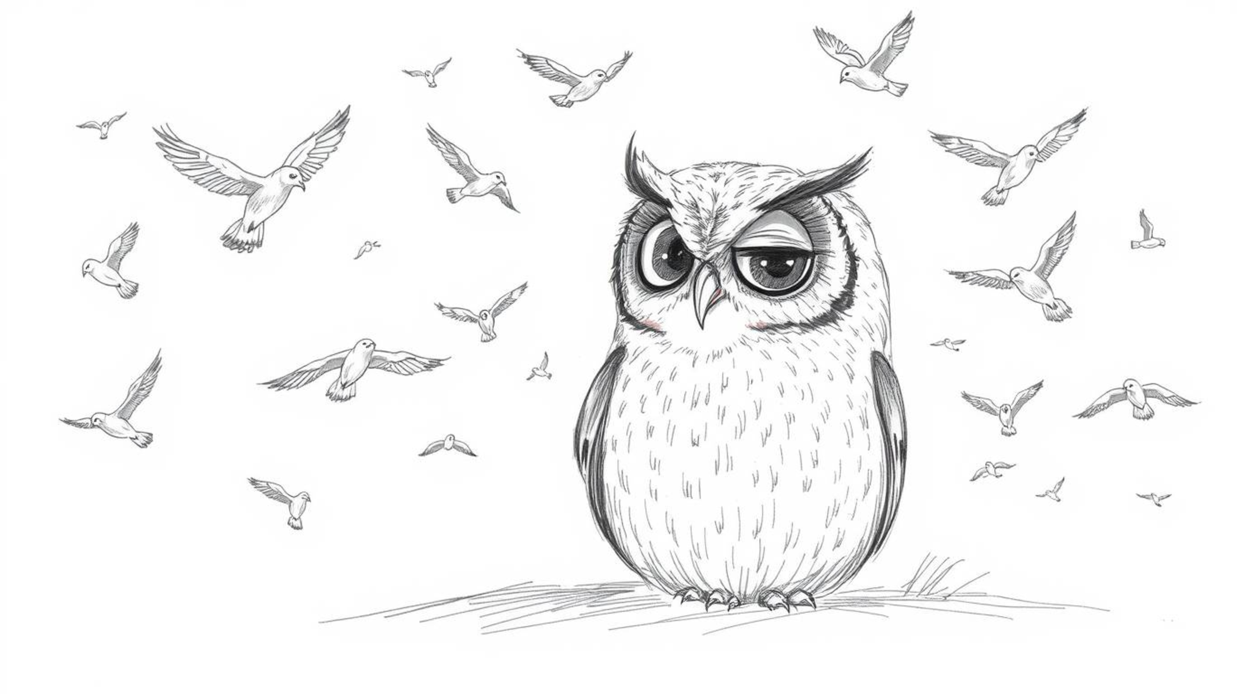 A heartwarming hand-drawn sketch depicting a wise, blind owl resting peacefully while surrounded by a joyful flurry of birds.