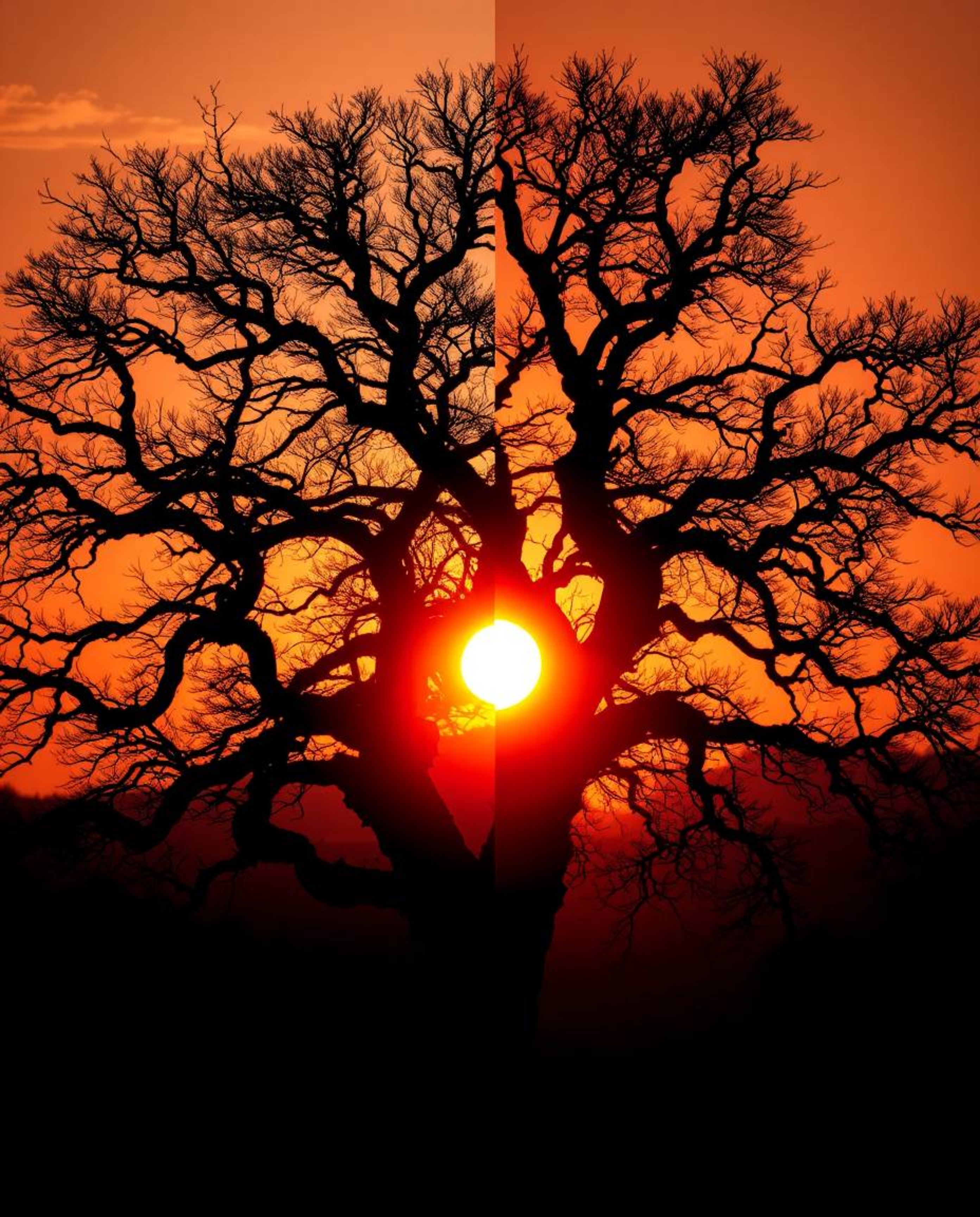 A distinctly split sunset behind an old oak tree with twisted branches, presented in a striking graphic design style. The com