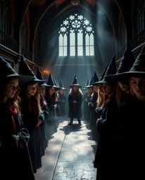 Discover a captivating image of a magical school brimming with young wizards.  The dramatic chiaroscuro lighting creates a st