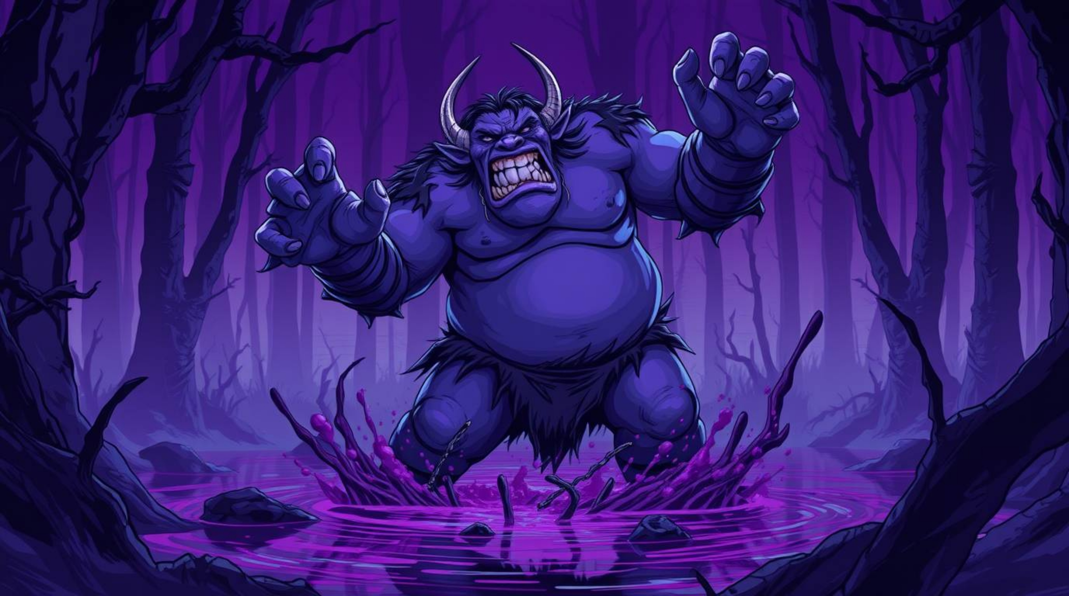 An isekai anime-style illustration portrays an ogre dancing exuberantly within a swamp bathed in deep ultraviolet hues. The e