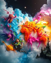 This vibrant and dreamlike image presents a world map uniquely constructed from bright, colorful splashes.  Featuring fantast