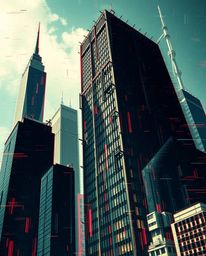 Experience a captivating digital art piece featuring a glitchy landscape of distorted skyscrapers and overwhelming static noi