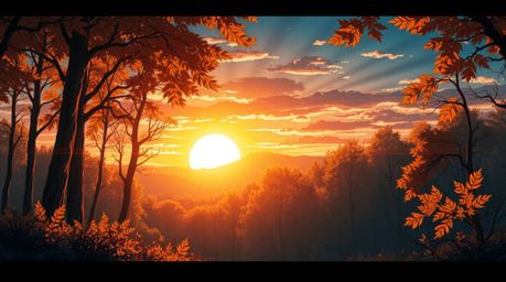 A captivating digital illustration in the style of isekai anime, depicting a vibrant autumn forest bathed in the golden light