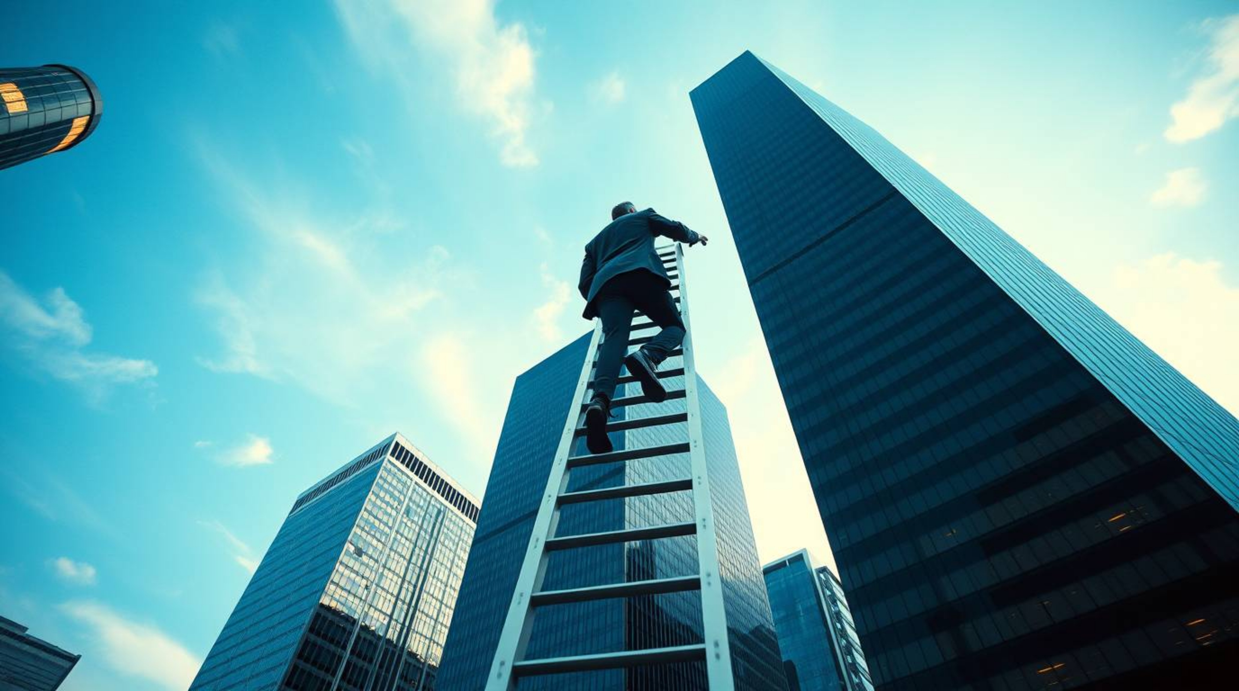 A dramatic, cinematic long exposure photograph depicts a businessperson ascending a transparent ladder that disappears into a