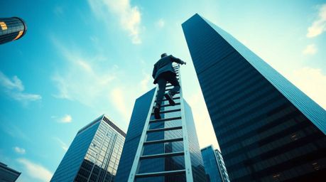 A dramatic, cinematic long exposure photograph depicts a businessperson ascending a transparent ladder that disappears into a