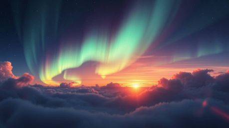 Experience a grand and epic digital painting showcasing the mesmerizing Northern Lights dancing across a vibrant sunset sky. 