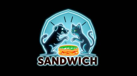 A creatively designed logo features a dog and cat playfully fighting over a sandwich.  The logo incorporates geometric shapes