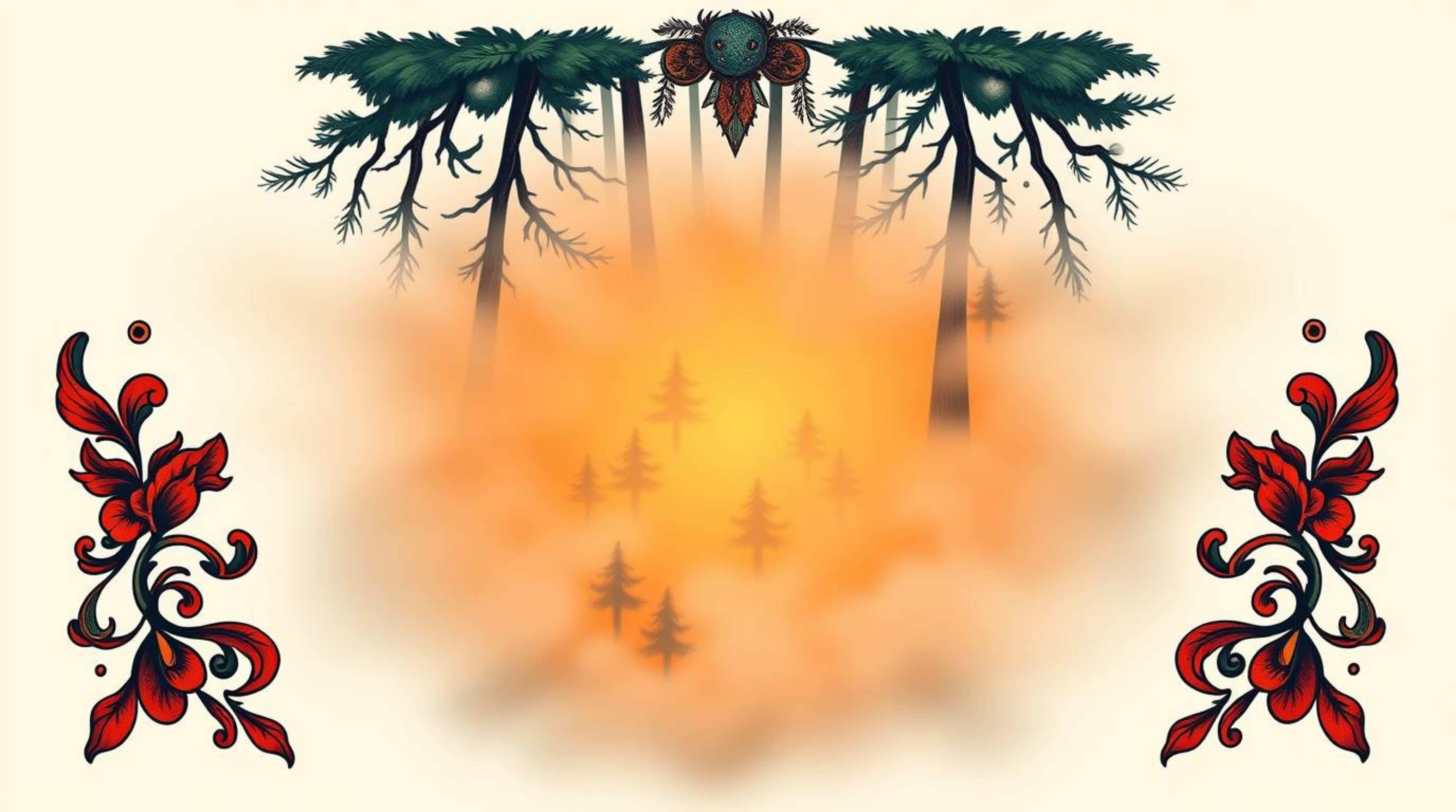 A stunning overhead bird's-eye view illustration of a traditional tattoo art print depicting mist rising from a forest at gol