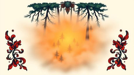 A stunning overhead bird's-eye view illustration of a traditional tattoo art print depicting mist rising from a forest at gol
