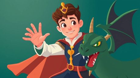 A charming prince with refined features battles a fearsome dragon in a captivating 1950s-style animation.  The scene boasts a