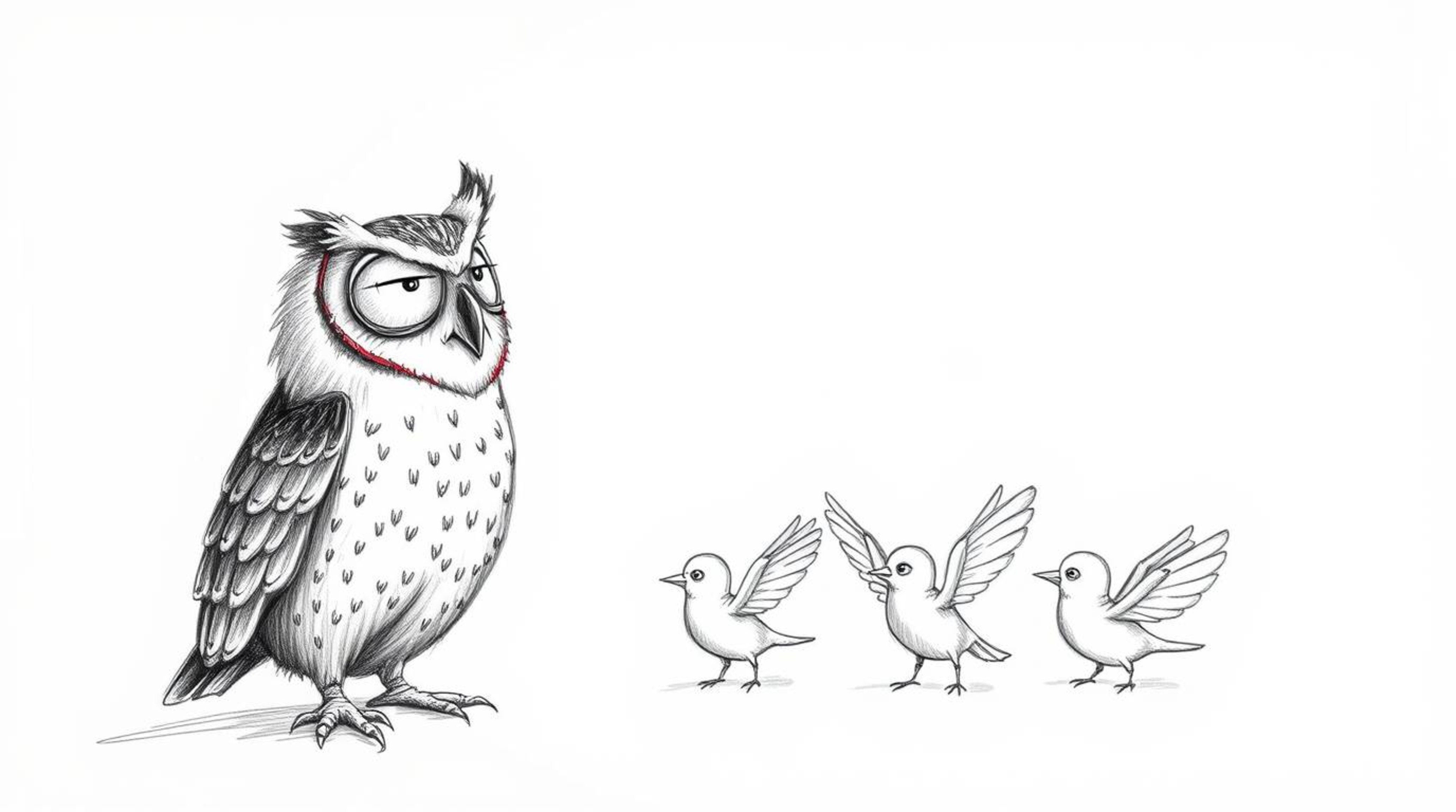 A captivating hand-drawn sketch inspired by Pixar, depicting a gentle, blind owl instructing small birds in the art of flight