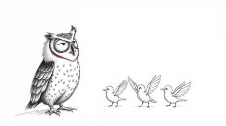 A captivating hand-drawn sketch inspired by Pixar, depicting a gentle, blind owl instructing small birds in the art of flight