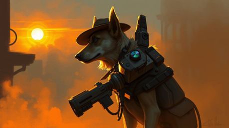 A captivating digital sketch showcases a dog detective equipped with high-tech gadgets, bathed in warm golden hour light.  Th