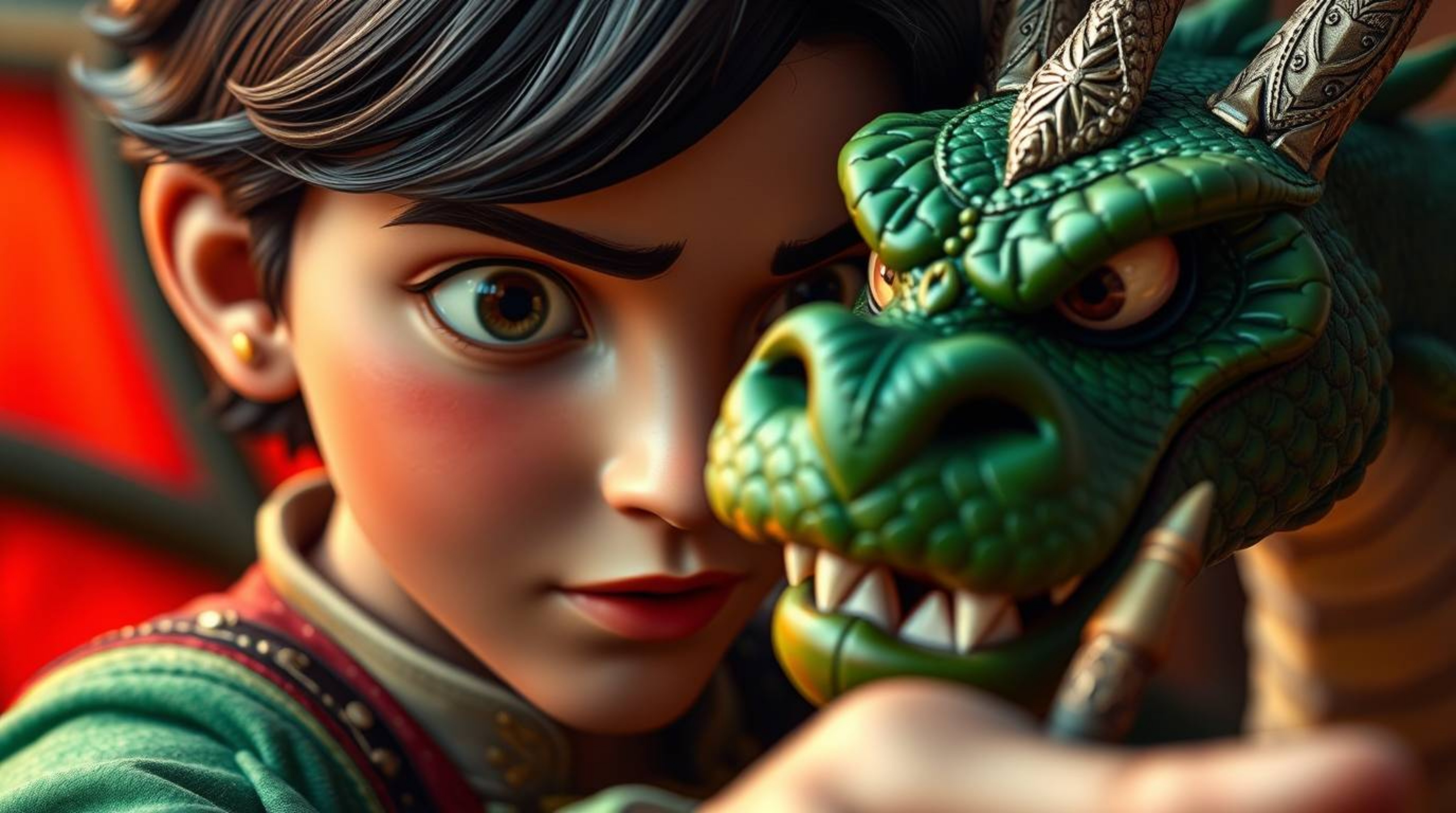 Experience an enchanting battle between a charming prince with rosy cheeks and dark hair and a vibrant green dragon, captured
