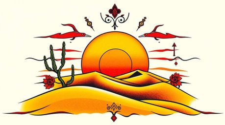 This art print features a symbolic traditional tattoo design depicting a mesmerizing desert sunset over golden dunes. The art