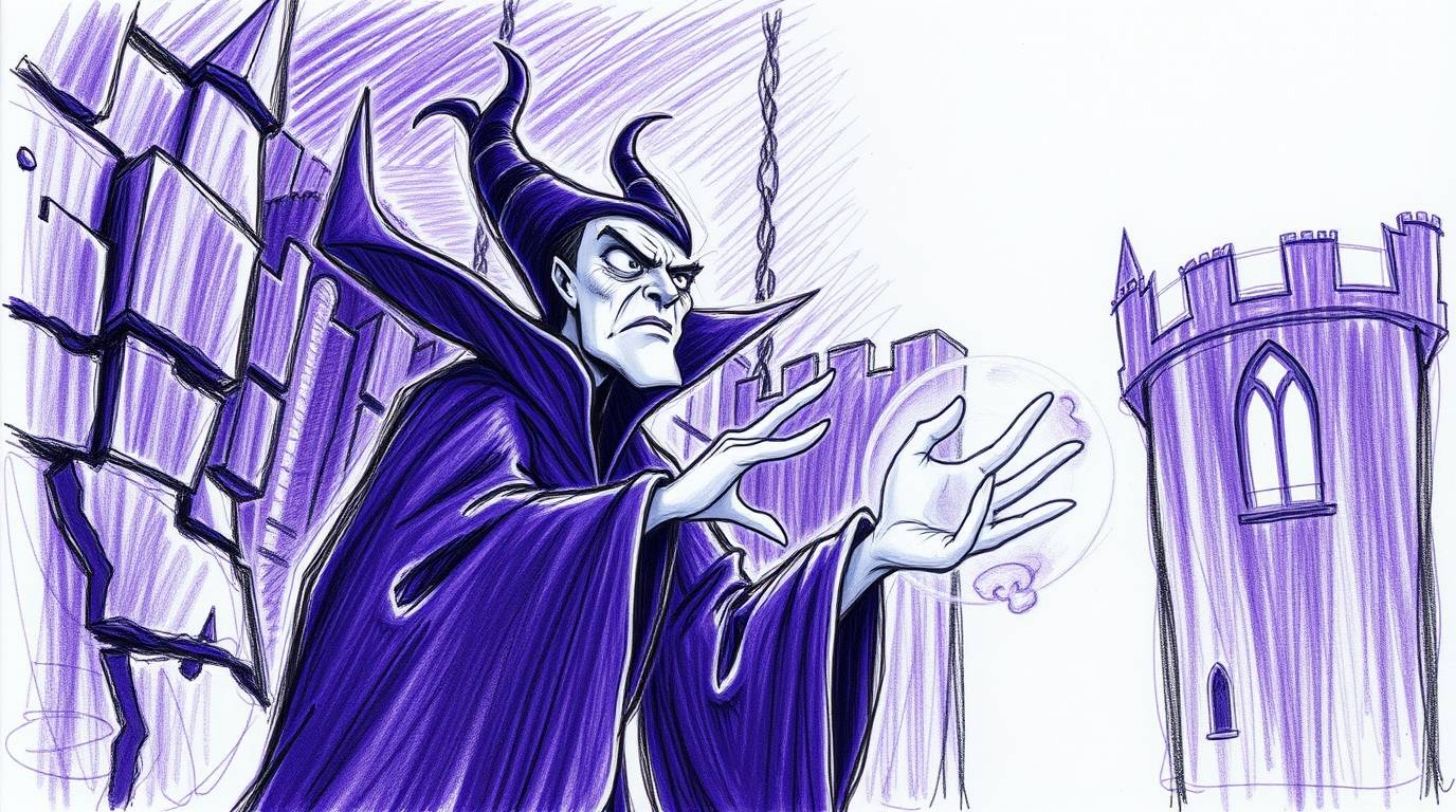 A captivating hand-drawn sketch in deep ultraviolet hues portrays a classic Disney villain with sharp features and pale skin,