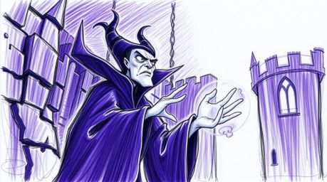 A captivating hand-drawn sketch in deep ultraviolet hues portrays a classic Disney villain with sharp features and pale skin,