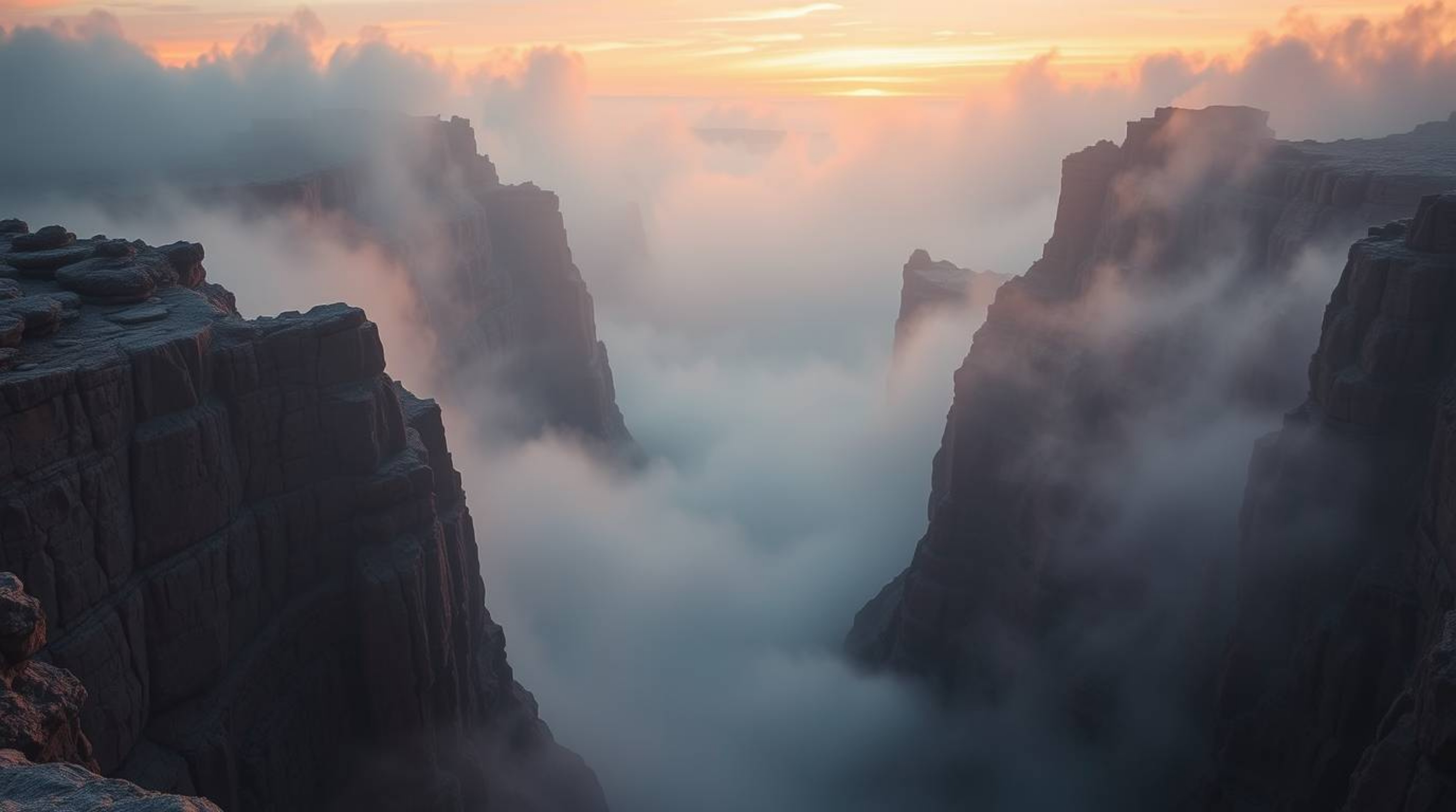 Experience a grand and epic scene of a rocky canyon, mysteriously shrouded in thick fog and bathed in the warm, vibrant color