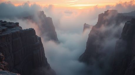 Experience a grand and epic scene of a rocky canyon, mysteriously shrouded in thick fog and bathed in the warm, vibrant color
