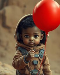 A captivating image depicting a child with brown skin and charming features holding a vibrant red balloon, presented in a fut