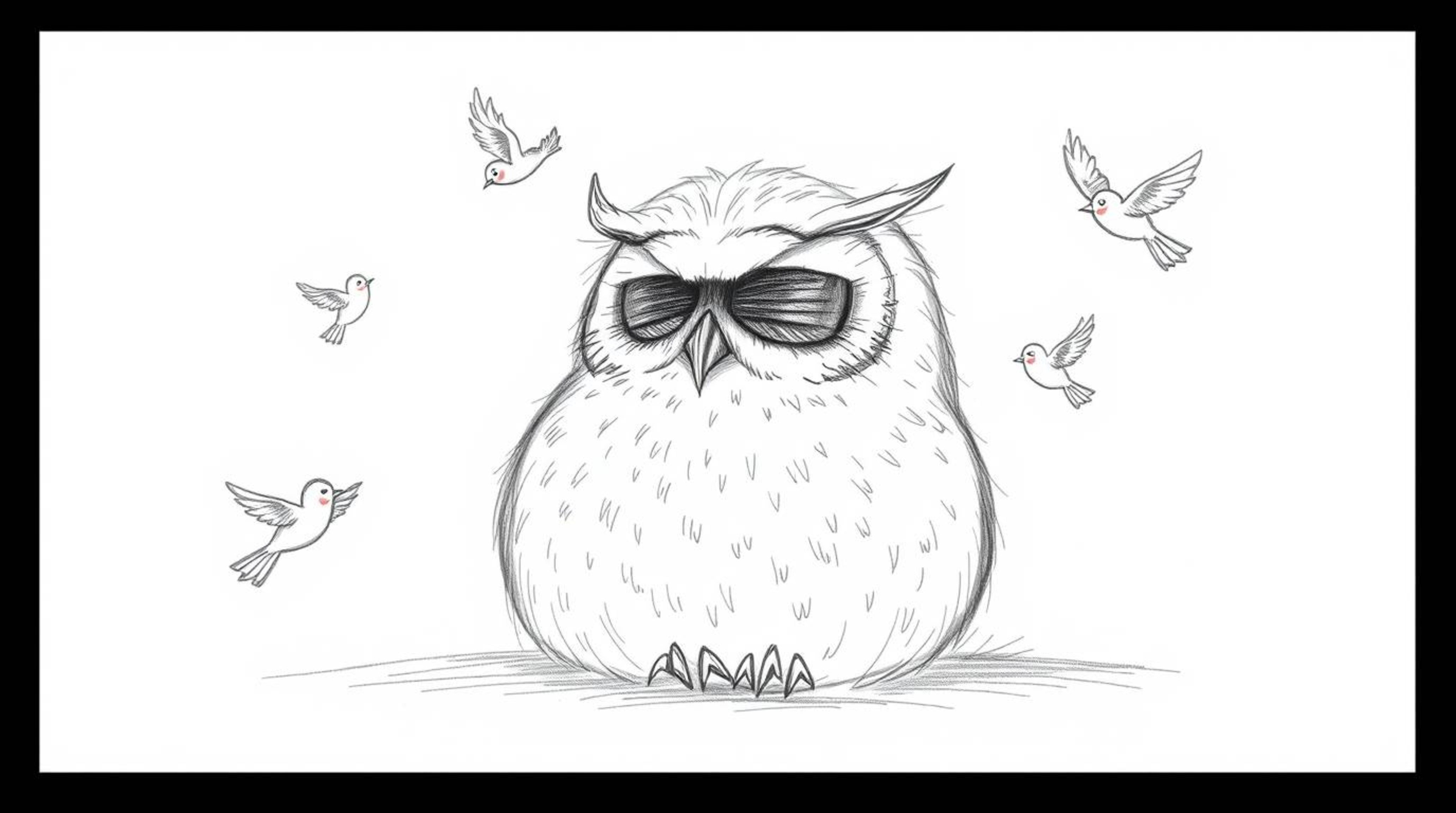 A heartwarming, hand-drawn sketch in the style of Pixar depicts a blind owl resting peacefully against a stark white backgrou