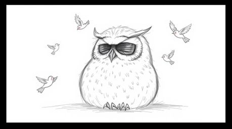 A heartwarming, hand-drawn sketch in the style of Pixar depicts a blind owl resting peacefully against a stark white backgrou