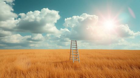 A minimalist scene depicting a silver ladder in a field beneath a wide, cloudy sky, symbolizing opportunity.  The bright lens