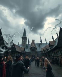 This image captures a magical school filled with young wizards under intense, dramatic weather conditions. The close-up shot 