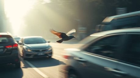 Experience a captivating scene of a fast-running bird blurring past traffic, enveloped in a soft, dreamy atmosphere accentuat