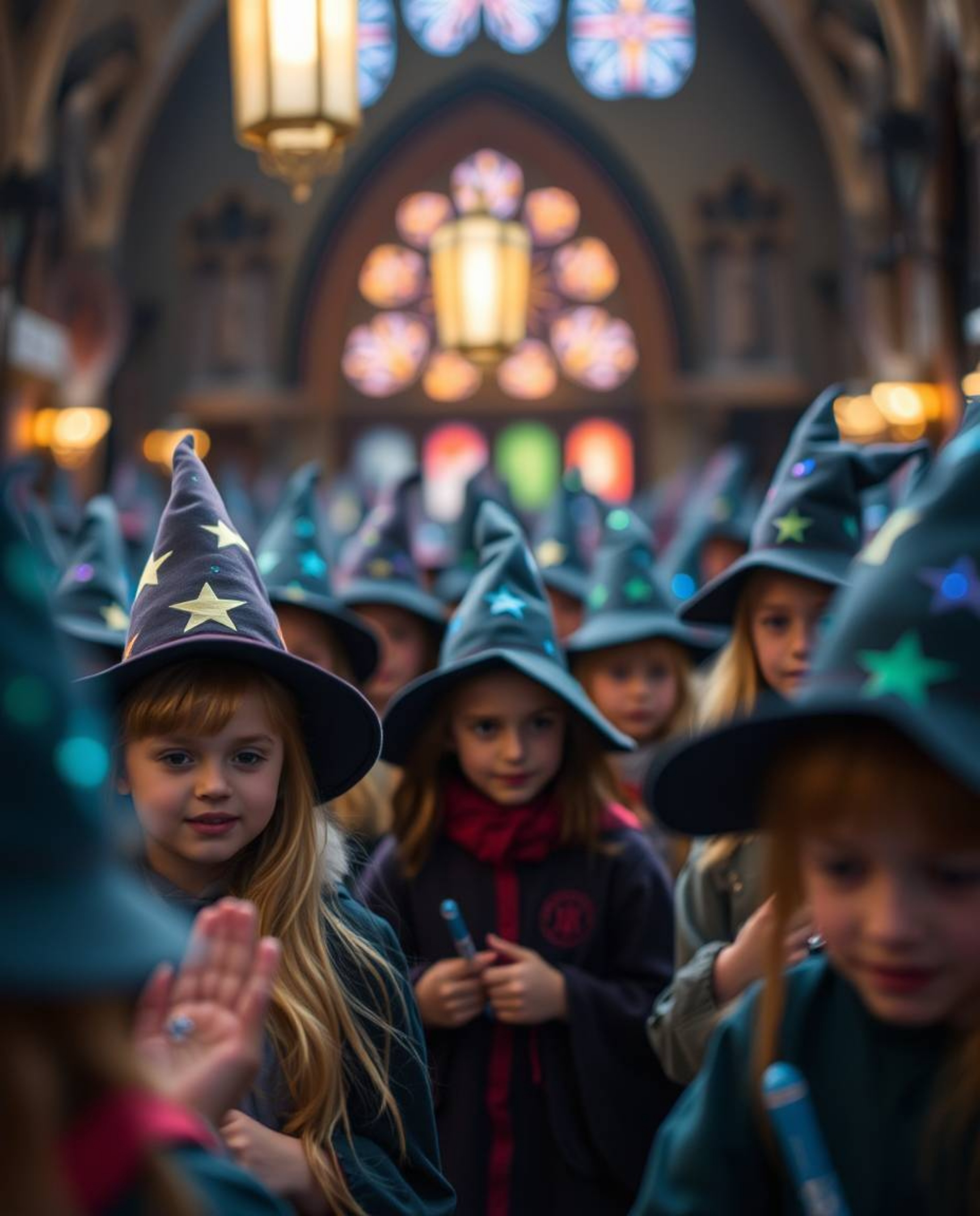 Step into a magical school brimming with youthful wizards, where vibrant iridescent colors dance in the light. A soft, blurre