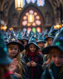 Step into a magical school brimming with youthful wizards, where vibrant iridescent colors dance in the light. A soft, blurre