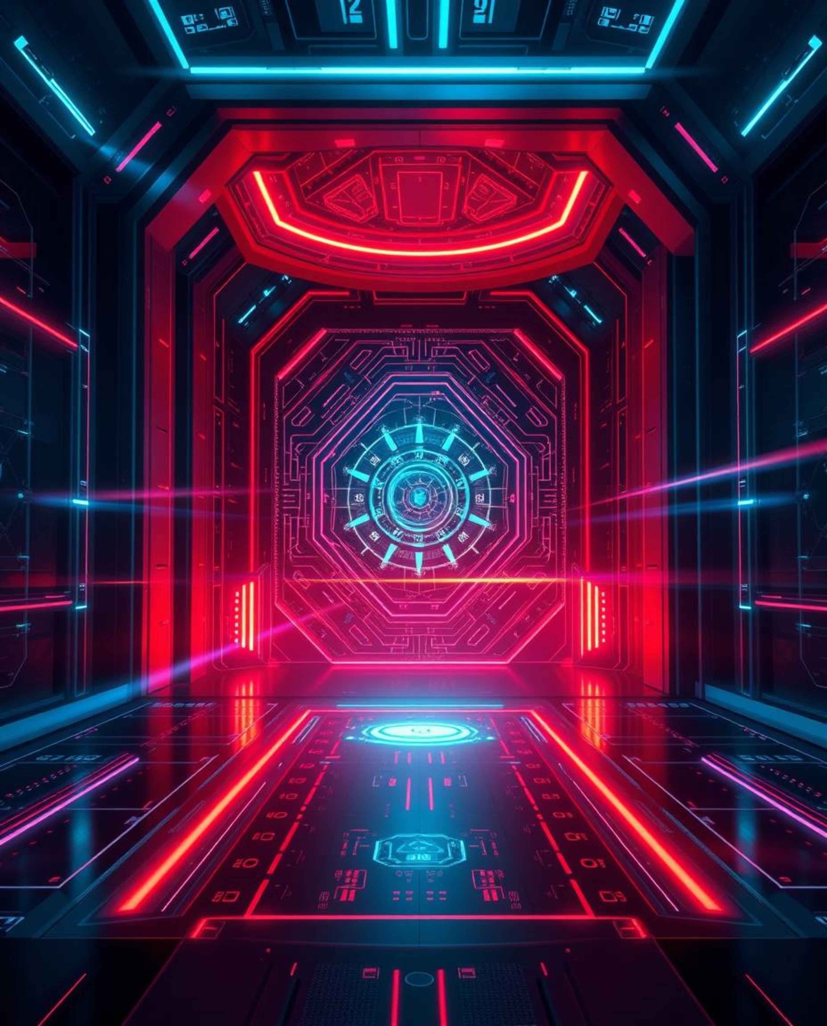 This epic scene showcases a grand, futuristic digital interface adorned with intricate geometric patterns and a mesmerizing h
