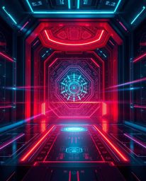 This epic scene showcases a grand, futuristic digital interface adorned with intricate geometric patterns and a mesmerizing h