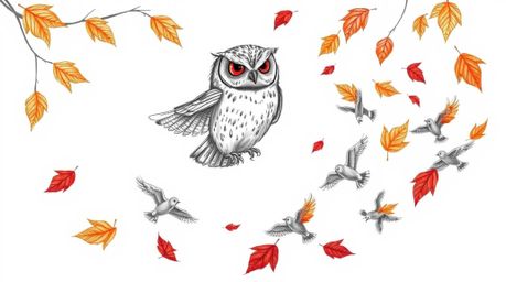 A heartwarming Pixar-style hand-drawn sketch depicts a blind owl with meticulously detailed feathers guiding a flock of birds