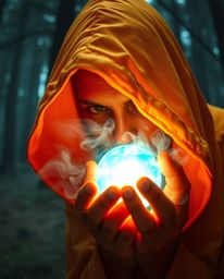 Experience an ethereal vision: an extreme macro close-up of a cloaked figure nestled within a misty forest, holding a glowing