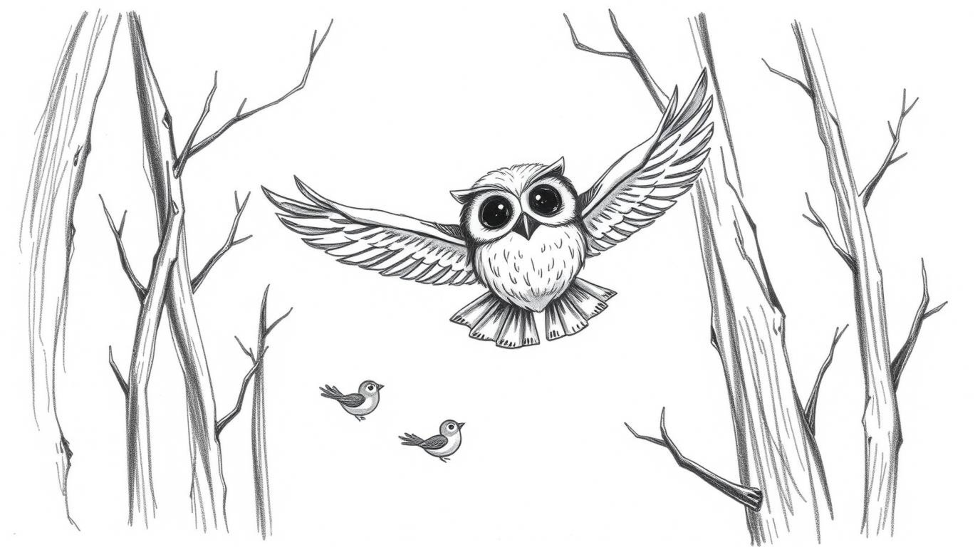 A heartwarming, Pixar-style sketch depicts a blind owl gracefully gliding between trees, its detailed feathers adding texture