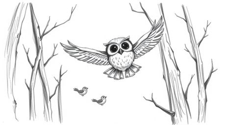 A heartwarming, Pixar-style sketch depicts a blind owl gracefully gliding between trees, its detailed feathers adding texture