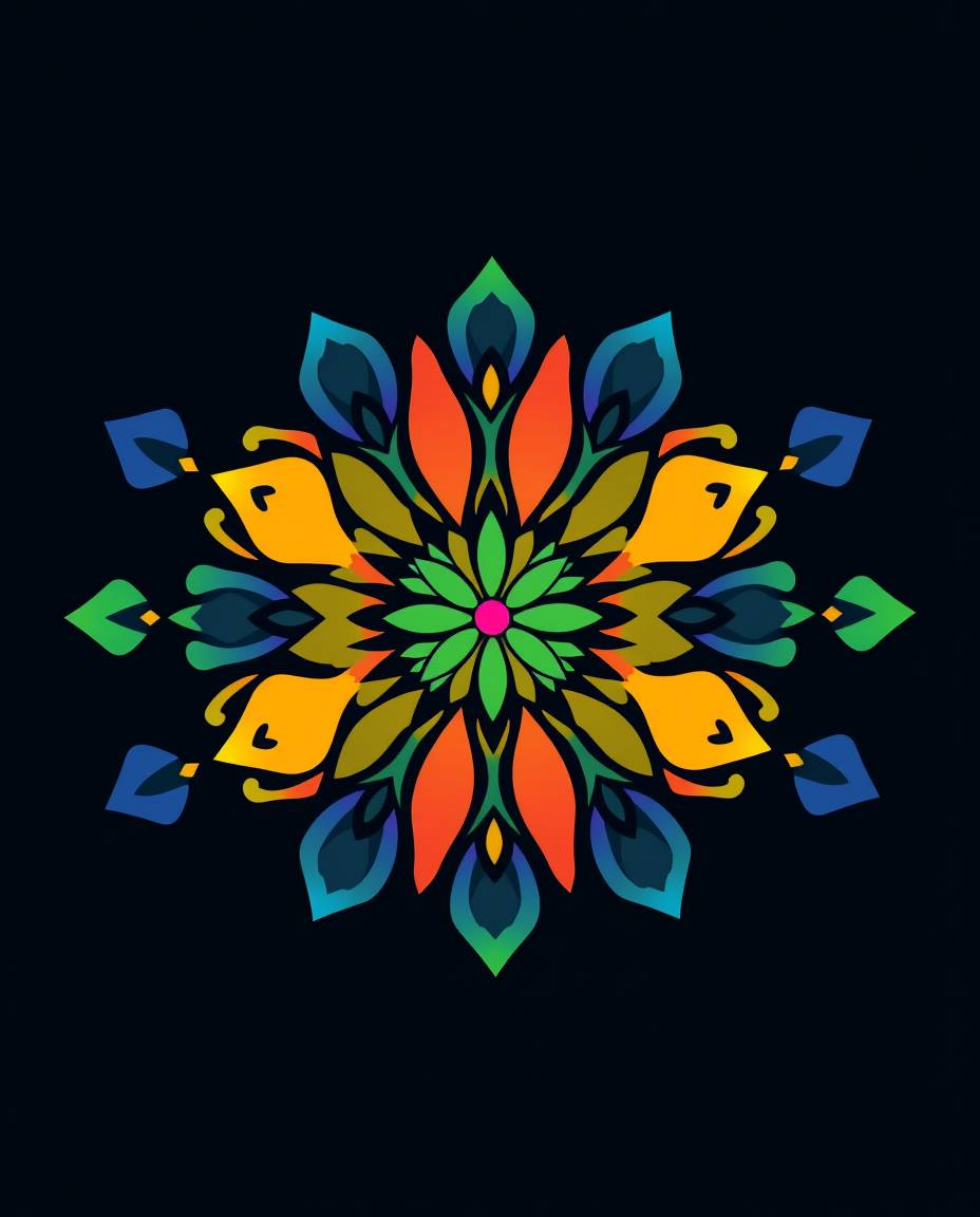Explore a stunning modern flat design geometric floral mandala featuring vibrant electric colors and a symmetric composition.