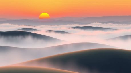 A captivating modern flat design illustration depicts fog-covered hills bathed in the warm glow of a sunset.  The image featu