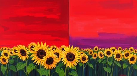 A bold acrylic painting capturing a sunflower field beneath a striking red and purple sky, showcasing a distinctive split com