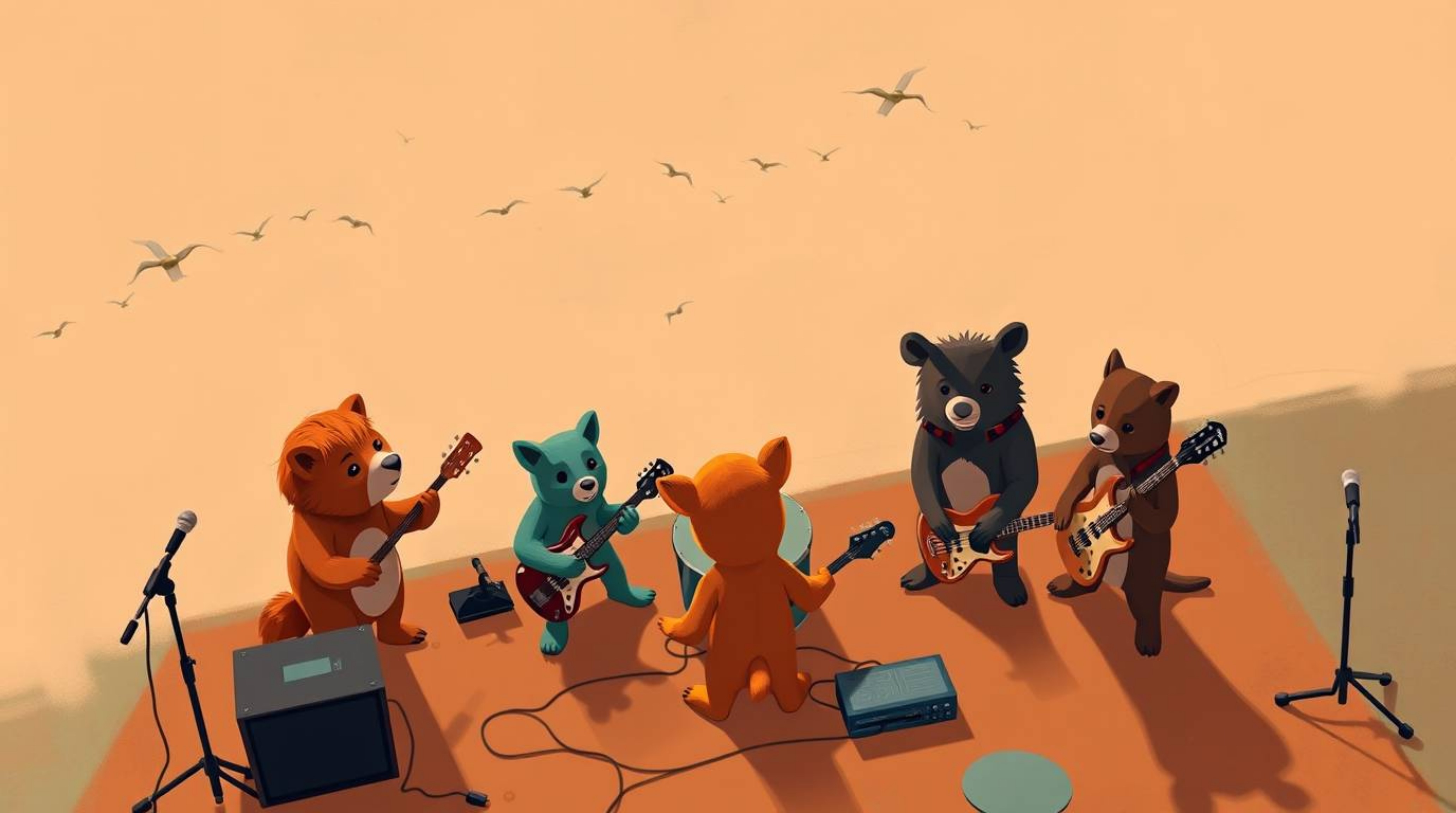 This high-angle digital painting features a band of cartoon animals playing rock music. The artwork uses a warm terracotta an
