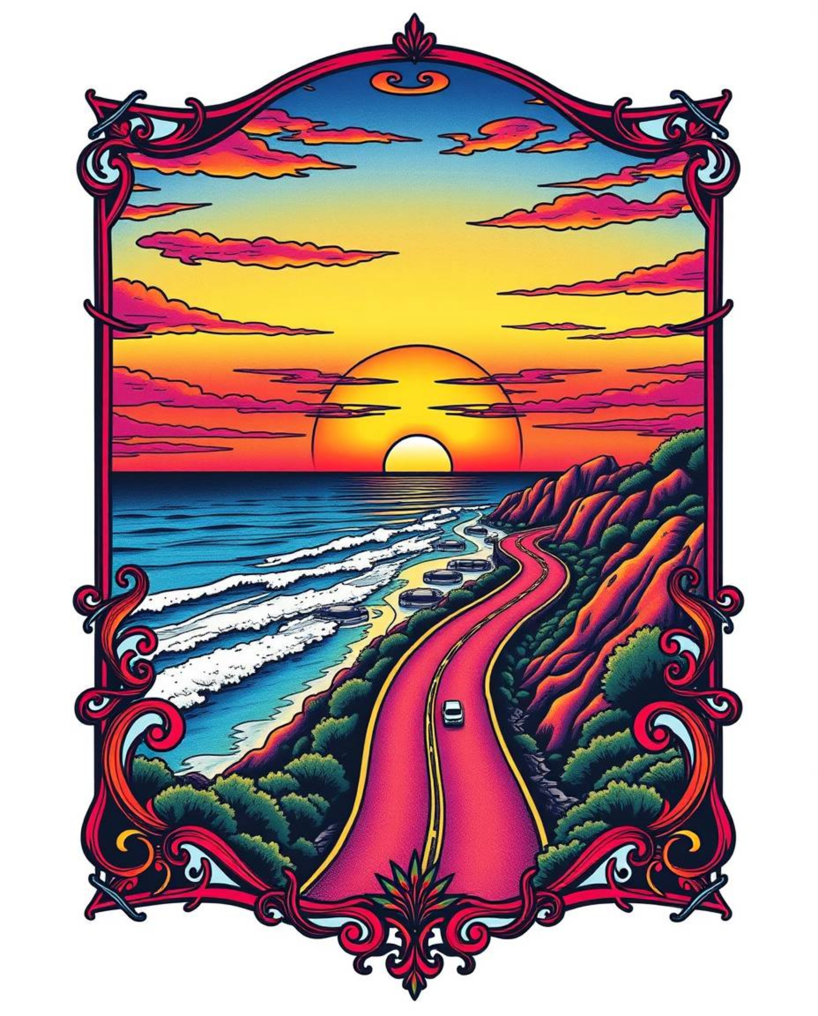 This symbolic traditional tattoo art print depicts a sunset sky over a winding coastal highway, bursting with vibrant electri