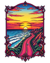 This symbolic traditional tattoo art print depicts a sunset sky over a winding coastal highway, bursting with vibrant electri